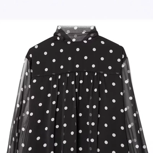Black polka dot chiffon blouse with long sleeves and elegant stand collar back detail