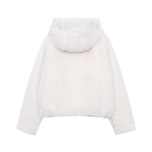 Back view of a white faux fur hooded jacket showing soft and fluffy plush texture