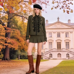 Women's olive green military style jacket and pleated skirt set with gold buttons