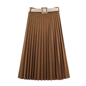 Detailed view of coffee brown pleated midi skirt featuring a slim beige leather belt