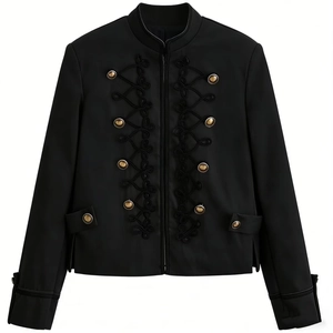 Women's vintage black military jacket with stand collar, cord knots and gold buttons