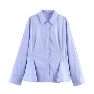 Lilac long sleeve shirt with classic collar and asymmetric pleated hem design