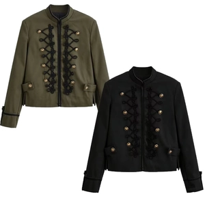 Women's military style blazers with stand collar and gold decorative frogging buttons