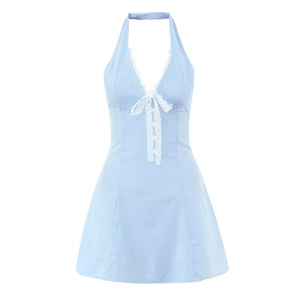 Detail of light blue striped dress with deep V-neck, lace trim and front bow detail