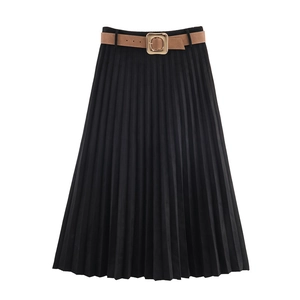 Detail of black pleated midi skirt featuring a brown belt with a square gold buckle