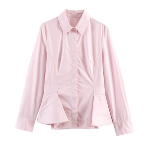 Pink long sleeve shirt with lapel collar and peplum waist hem for women's fashion