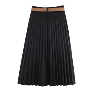 Detailed view of black pleated midi skirt with a tan belt on a clean white background