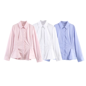 Chic long sleeve peplum shirt for women in pink white and blue with pleated waist
