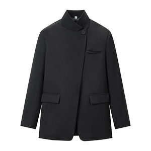 Minimalist black asymmetrical blazer with stand collar and decorative flap pockets