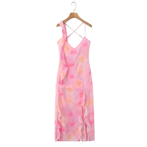 Femme Robe Cami Romantique Française Imprimé Rose Rose Sans Manches Col en V Dos Nu Volants Fente Maxi Vacances Plage Robe