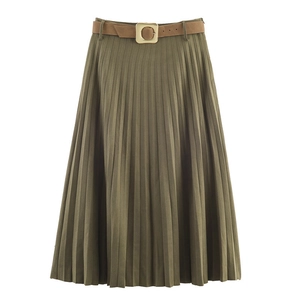 Detail of army green pleated midi skirt with high waist and thin brown belt buckle