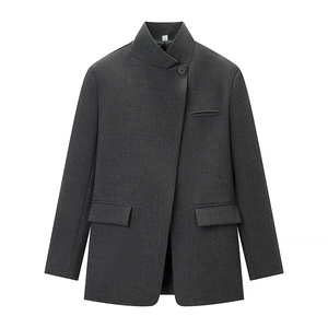 Women's dark grey high collar blazer with asymmetric single button and pocket details