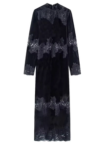 Women Elegant Vintage Black Velvet Long Sleeve Maxi Dress With Floral Lace Patchwork Slim Fit Evening Party Social Dress