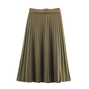 Detail of army green pleated midi skirt featuring a slim camel belt and fine matte texture