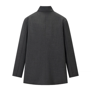 Dark grey slim fit stand collar blazer for women with decorative sleeve buttons back view