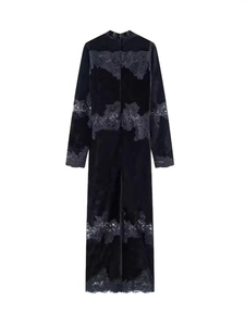 Elegant black velvet maxi dress with long sleeves and vintage floral lace patchwork