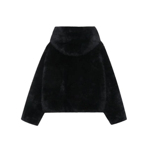 Women winter loose hooded faux fur jacket in minimalist soft black plush fabric