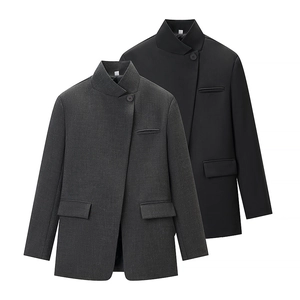 Modern high-neck wool-blend blazers with asymmetrical buttoning and flap pockets in grey and black