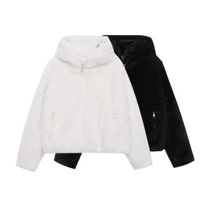 Women's 2025 winter hooded plush jacket in white and black with zip pockets