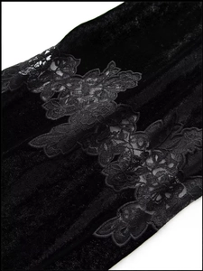 Elegant black velvet long sleeve dress with detailed lace floral embroidery stitching