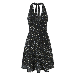 Robe Dos Nu Florale pour Femme Été Bordure en Dentelle Col en V Dos Nu Mini Robe Trapèze Sexy Sans Manches Robe d'Été Décontractée