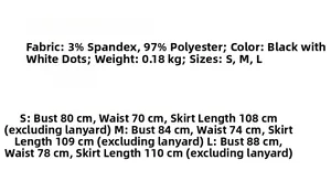 Detailed size chart for black polka dot backless halter dress showing S to L measurements