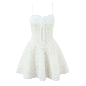 Women's Sexy Lace Floral Mini Slip Dress Slim Fit Embroidery Bow Front Tie A-Line Summer Sleeveless White Dress