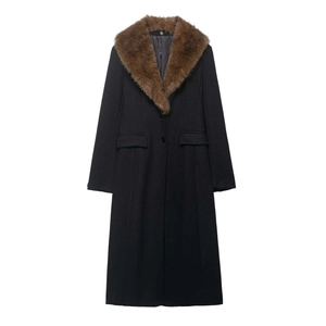 Manteau noir pour femmes avec col luxueux en fausse fourrure marron pour l'automne