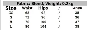 Detailed size chart for street style mini skirt showing waist and hip measurements