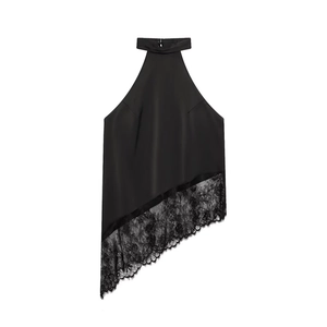 Elegant black halter sleeveless top with asymmetric hem and floral lace detail