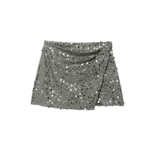Women Street Fashion Sequin Mini Skirt Western Style High Waist A-Line Wave Pattern Silver Sequin Skirt For Party Night