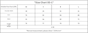 Detailed size chart in CM for women's sexy romper dress including XS-L measurements