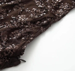 Close-up of brown sequined evening dress featuring mesh fabric and a hidden zipper