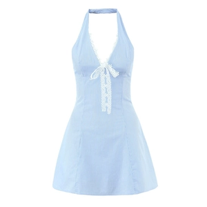 Women Sexy Halter Deep V-Neck Lace Trim Striped Mini Dress Sleeveless Backless Bow A-Line Summer Casual Western Style Dress