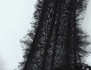 Detail of delicate black eyelash lace with floral patterns and shimmering sequins