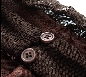 Detailed macro shot of dark brown sequined mesh fabric with round four-hole buttons