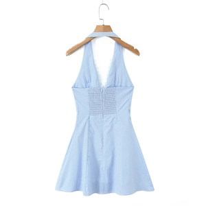 Light blue striped halter dress with deep V-neck and delicate white lace trim details