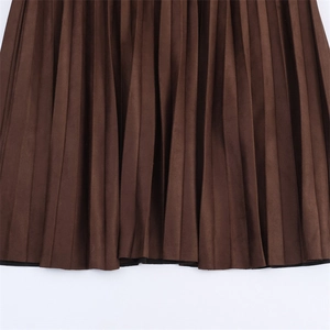 Detailed view of the coffee brown pleated midi skirt with premium suede texture fabric
