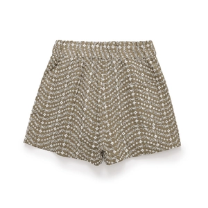 Short décontracté femme vert armée avec broderie florale blanche et taille élastique