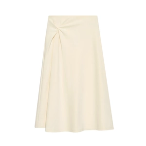 Elegant beige high-waist A-line midi skirt with stylish side knot detail and pleated drape