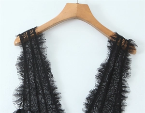 Close-up detail of black eyelash lace dress with delicate sequins and fine texture