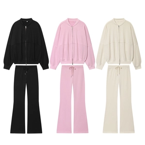 Women Casual Cotton Blend Knit Jacket And Flared Pants Solid Color Full Zip Athleisure Loungewear Suit Top Trousers