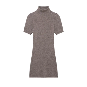 Abito Mini in Maglia da Donna Elegante Collo Alto Manica Corta Slim Fit Tinta Unita Bodycon Sexy Vestito Corto Party
