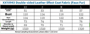 Size chart table for PU leather faux shearling jacket showing measurements from XS to L