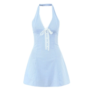 Light blue striped halter neck mini dress with deep V-neck and lace bow detail