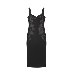 Élégante Robe Midi Sans Manches à Fleurs en Strass Encolure en Cœur Coupe Slim Robe de Soirée pour Femmes