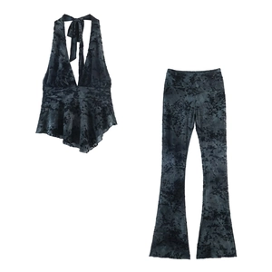 Ensemble 2 pièces pour femme avec haut dos nu et pantalon évasé à motif floral en mesh