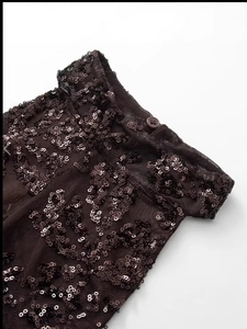 Elegant halter neck long sequin dress with detailed lace embroidery and button closure
