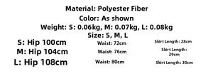 Detailed size chart for women's top and skirt set showing waist and hip measurements
