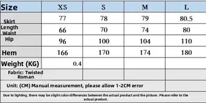 Detailed size chart for minimalist twist skirt with waist and hip measurements in cm